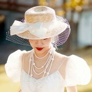 wedding | bridal | bachelorette party white lace straw summer elegant hat
